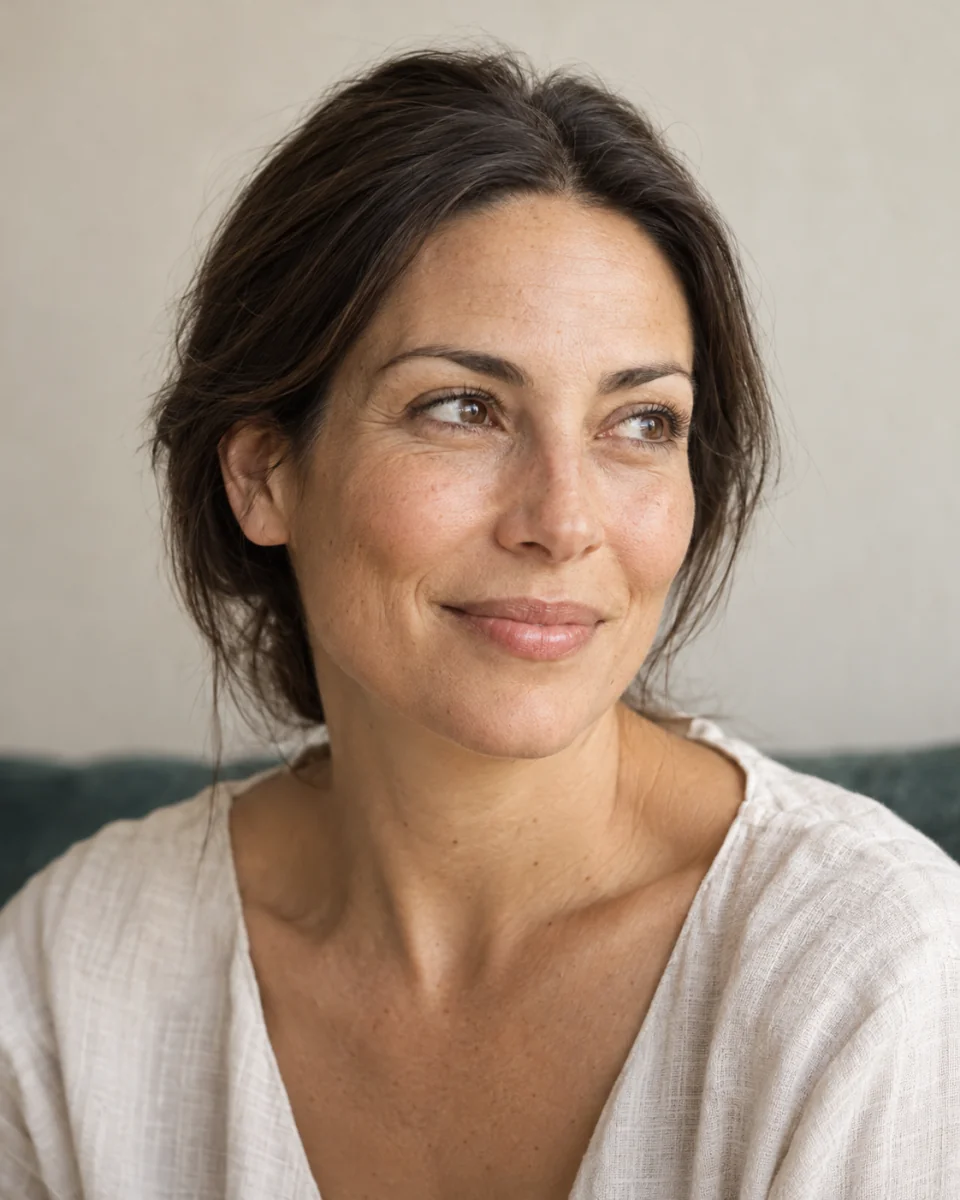 A woman with a relaxed smile and natural skin texture in soft window light