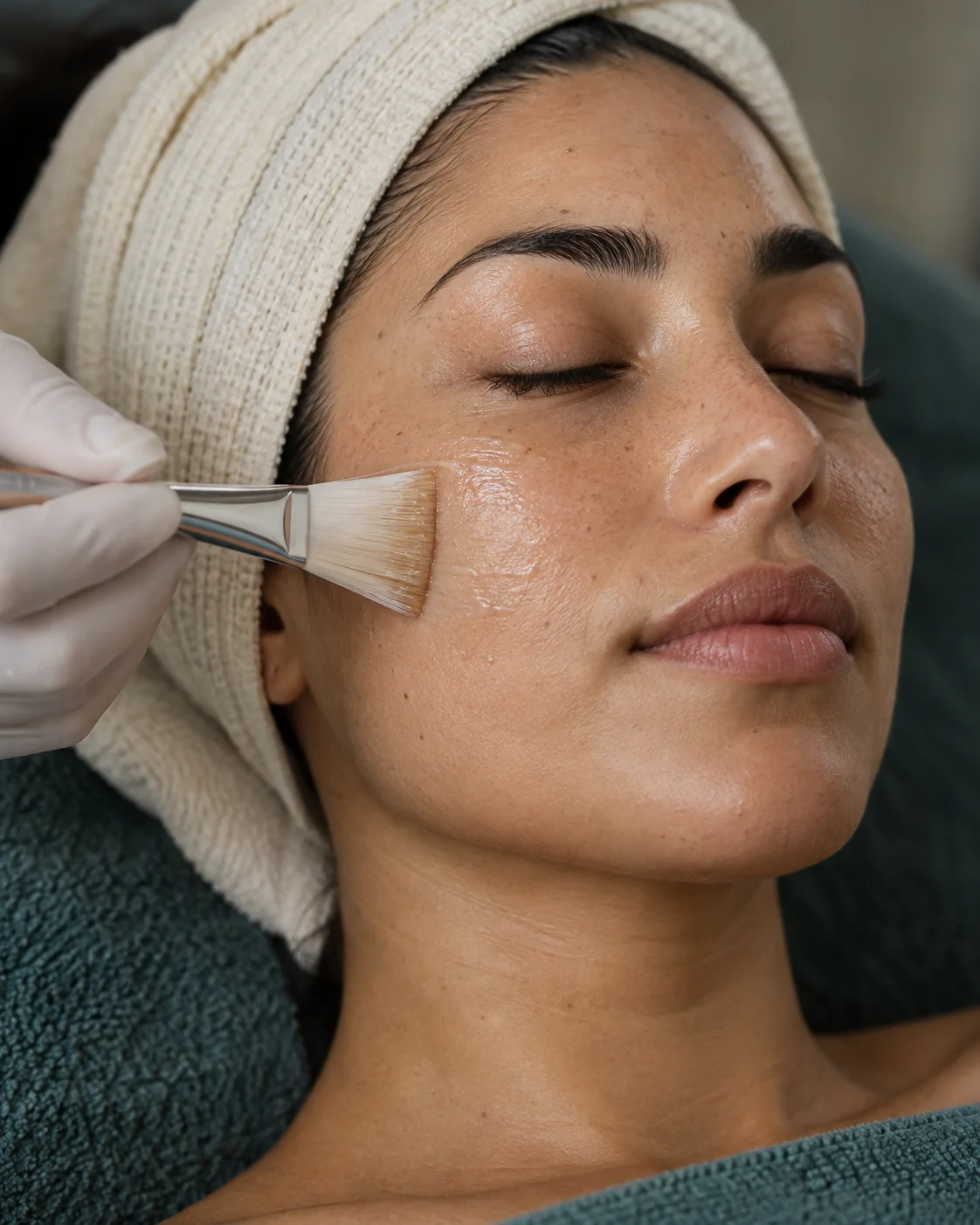 A soft facial brush applying a thin layer of product to a relaxed woman's cheek