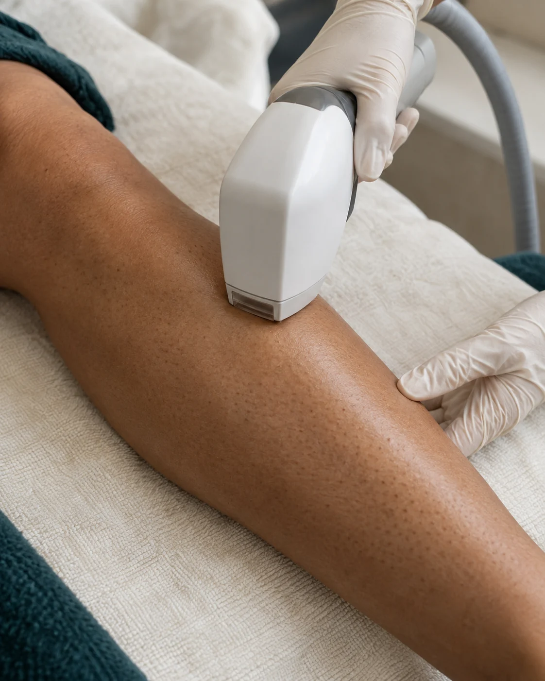 A gloved hand positioning a hair-removal handpiece against a lower leg on cream linen