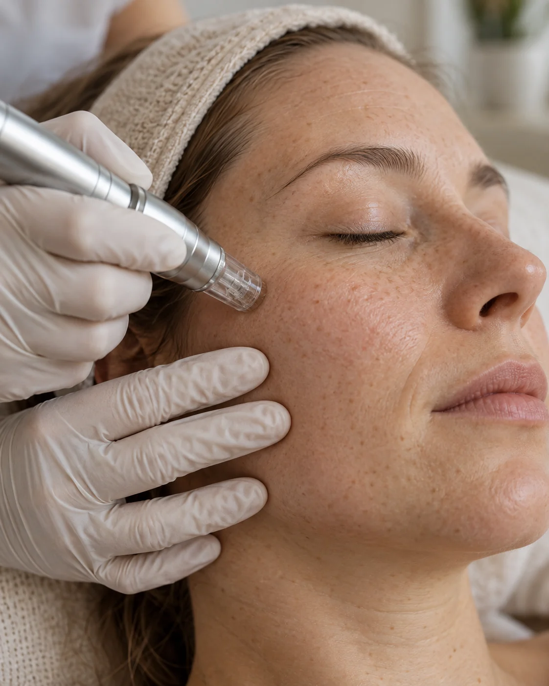 Gloved hands holding a microneedling pen beside a woman's naturally freckled cheek