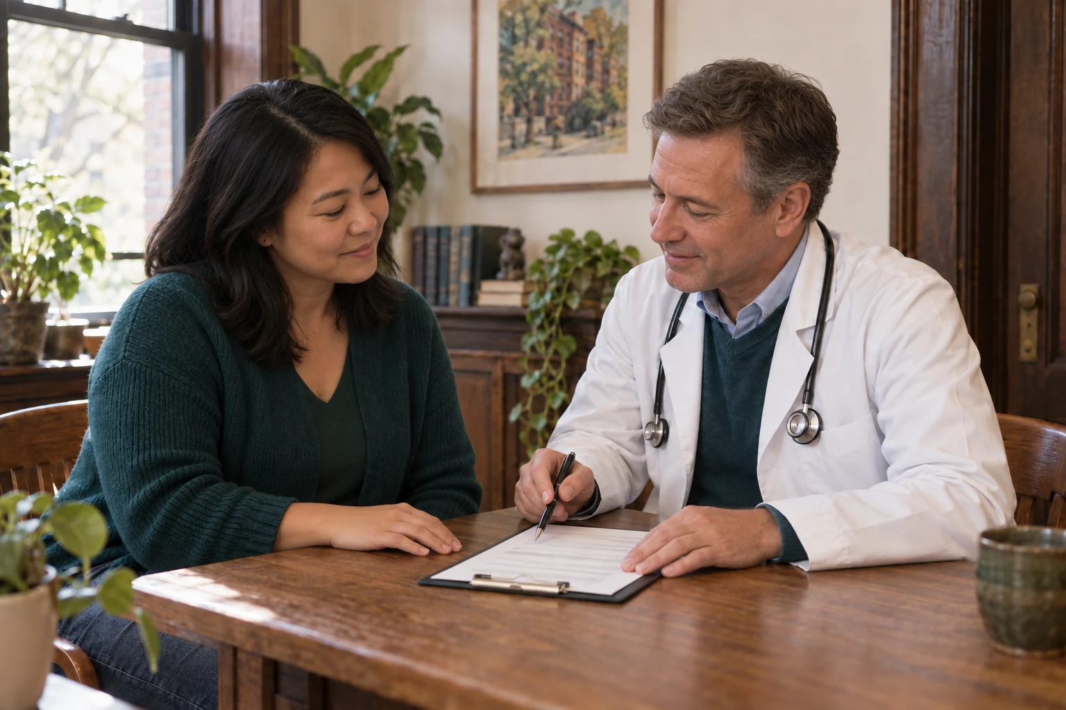 A woman and physician reviewing a care summary together during a preventive health visit