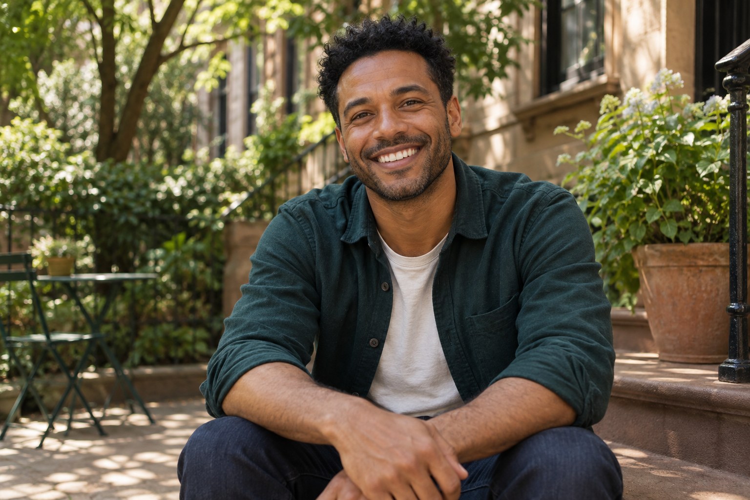 A man smiling with ease in a sunlit, leafy Brooklyn courtyard
