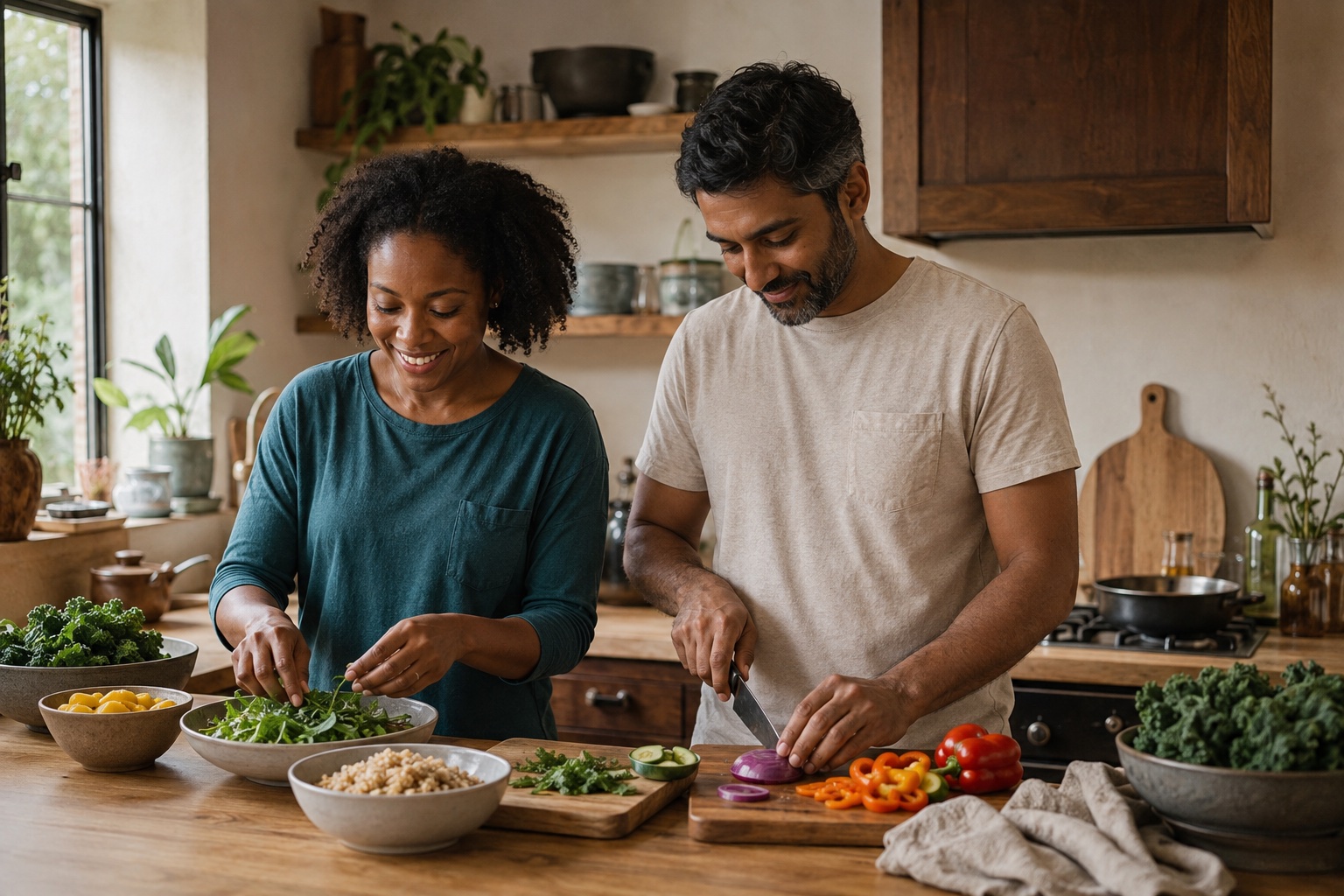Two adults preparing a meal with fresh vegetables in a warm home kitchen