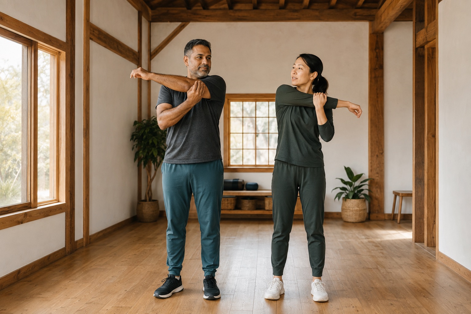 A man practicing a gentle standing stretch with guidance from a professional