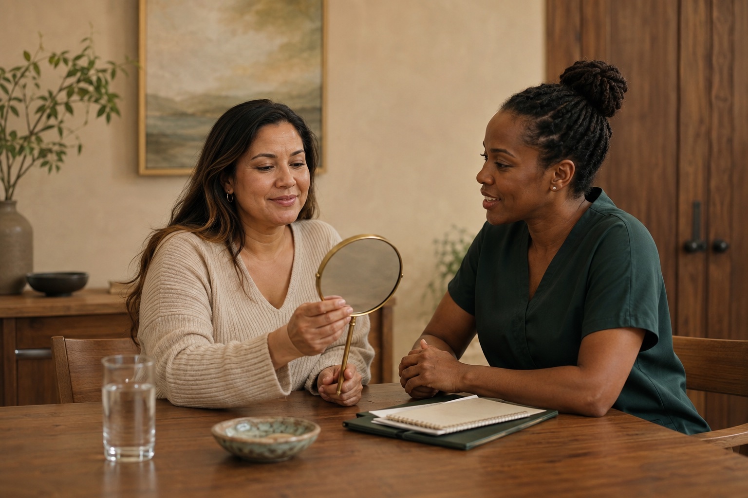 A woman and clinician discussing a handheld mirror during a consultation