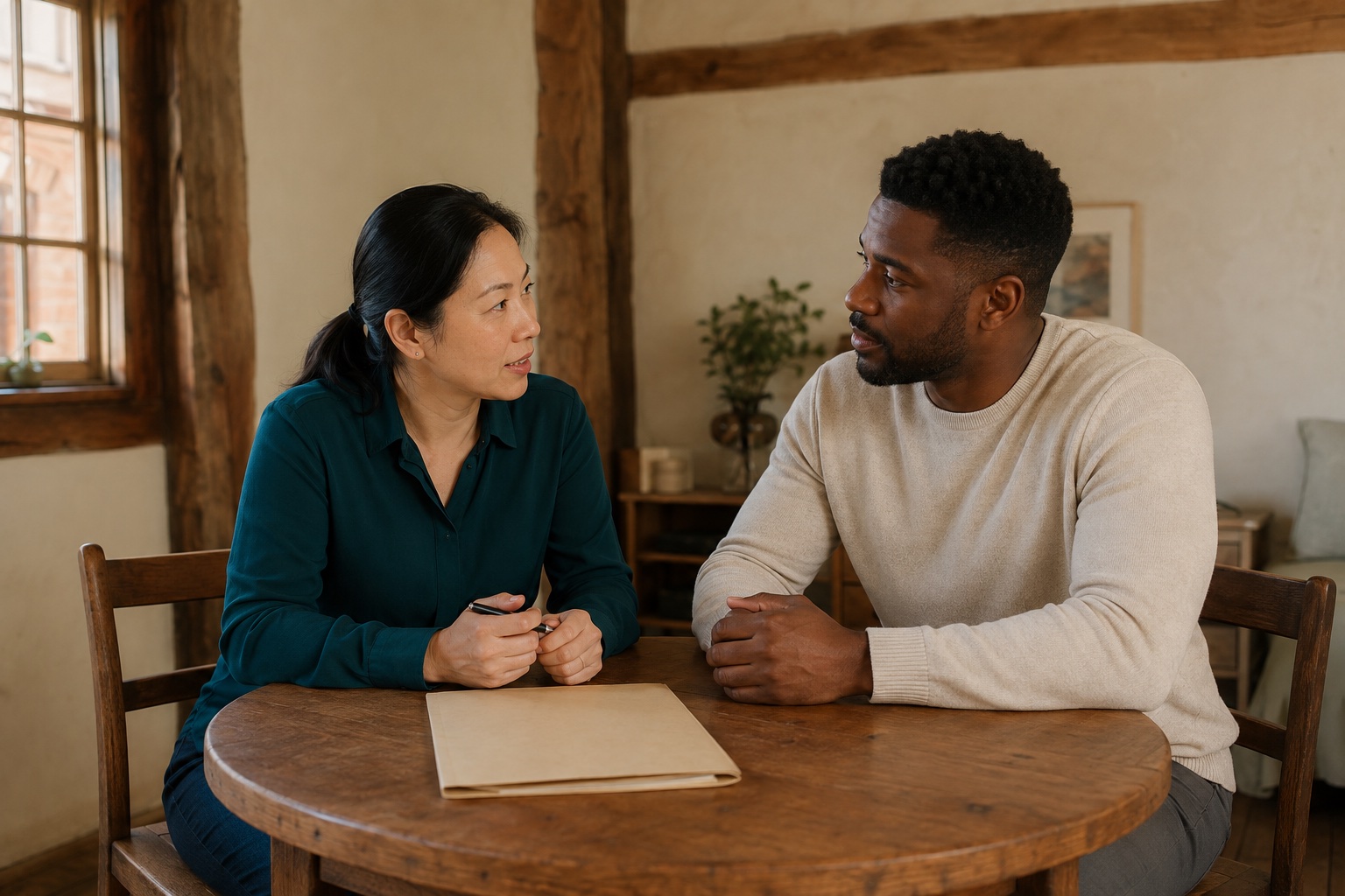 Two care professionals sharing a thoughtful conversation around a wooden table