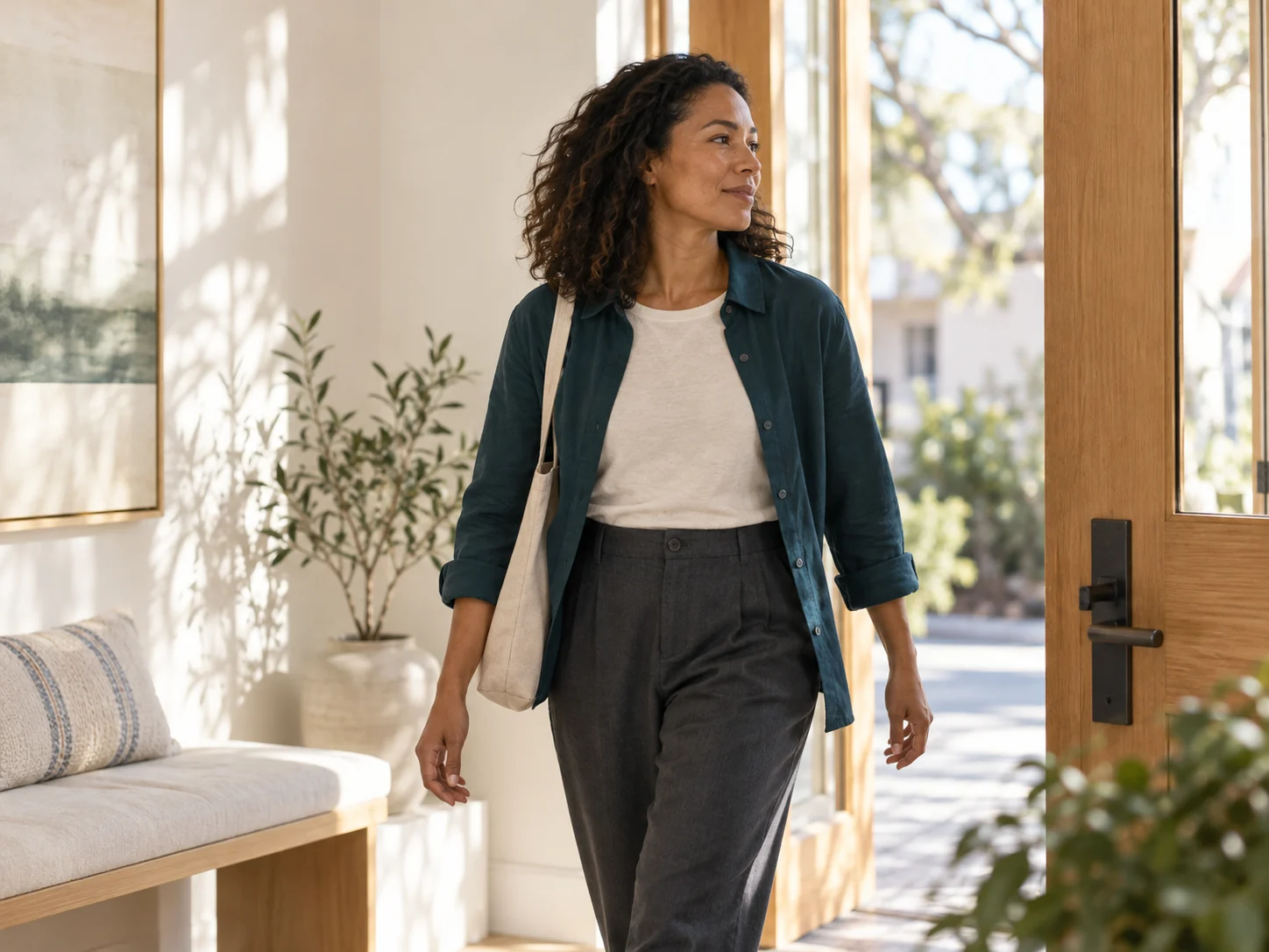 A woman stepping through an open doorway in soft natural daylight
