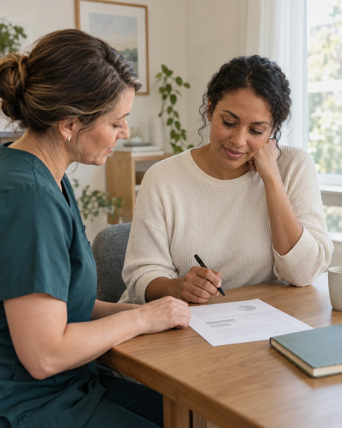 A patient and clinician reviewing a printed care plan together in soft daylight