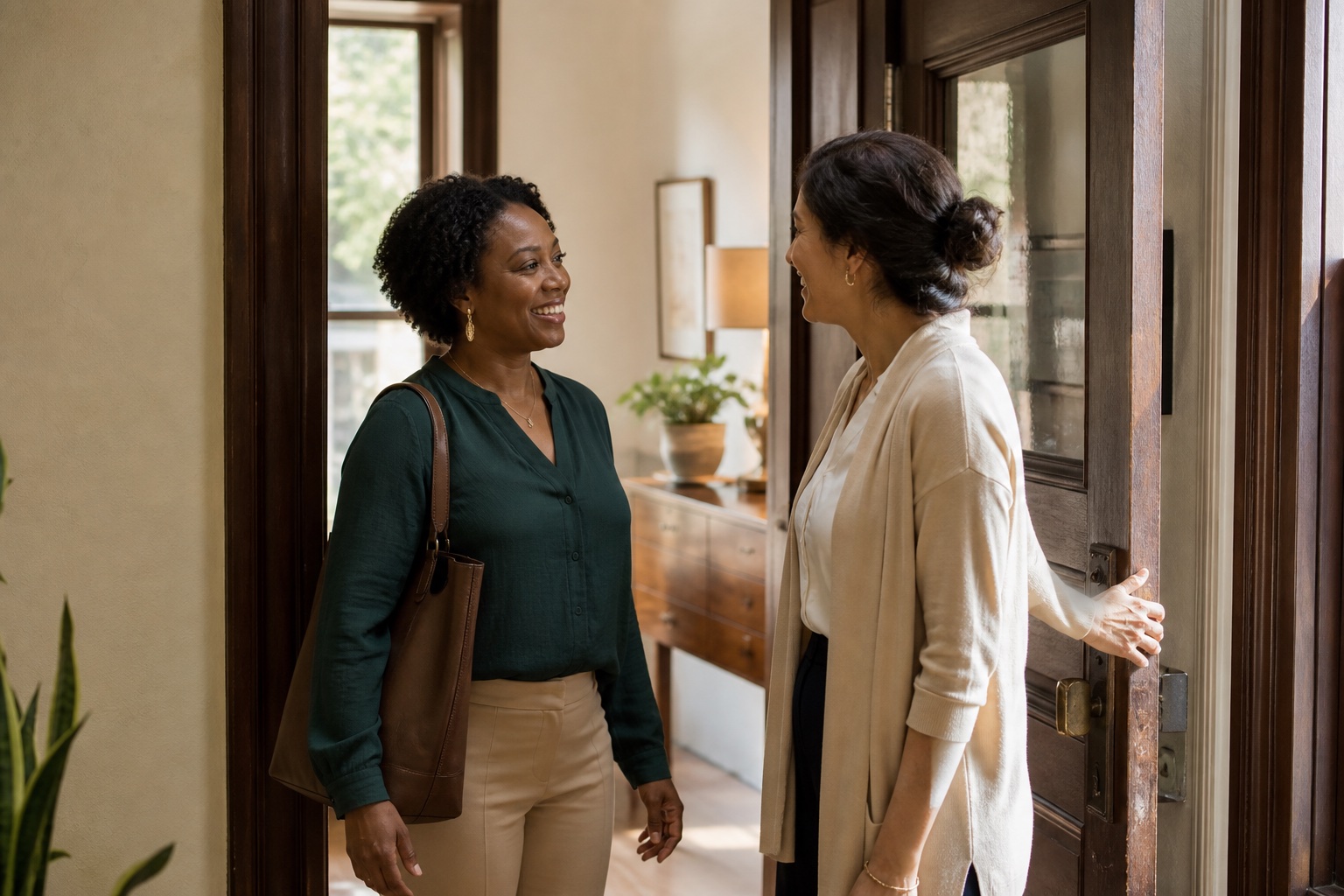 A visitor being welcomed at the doorway of a sunlit consultation room