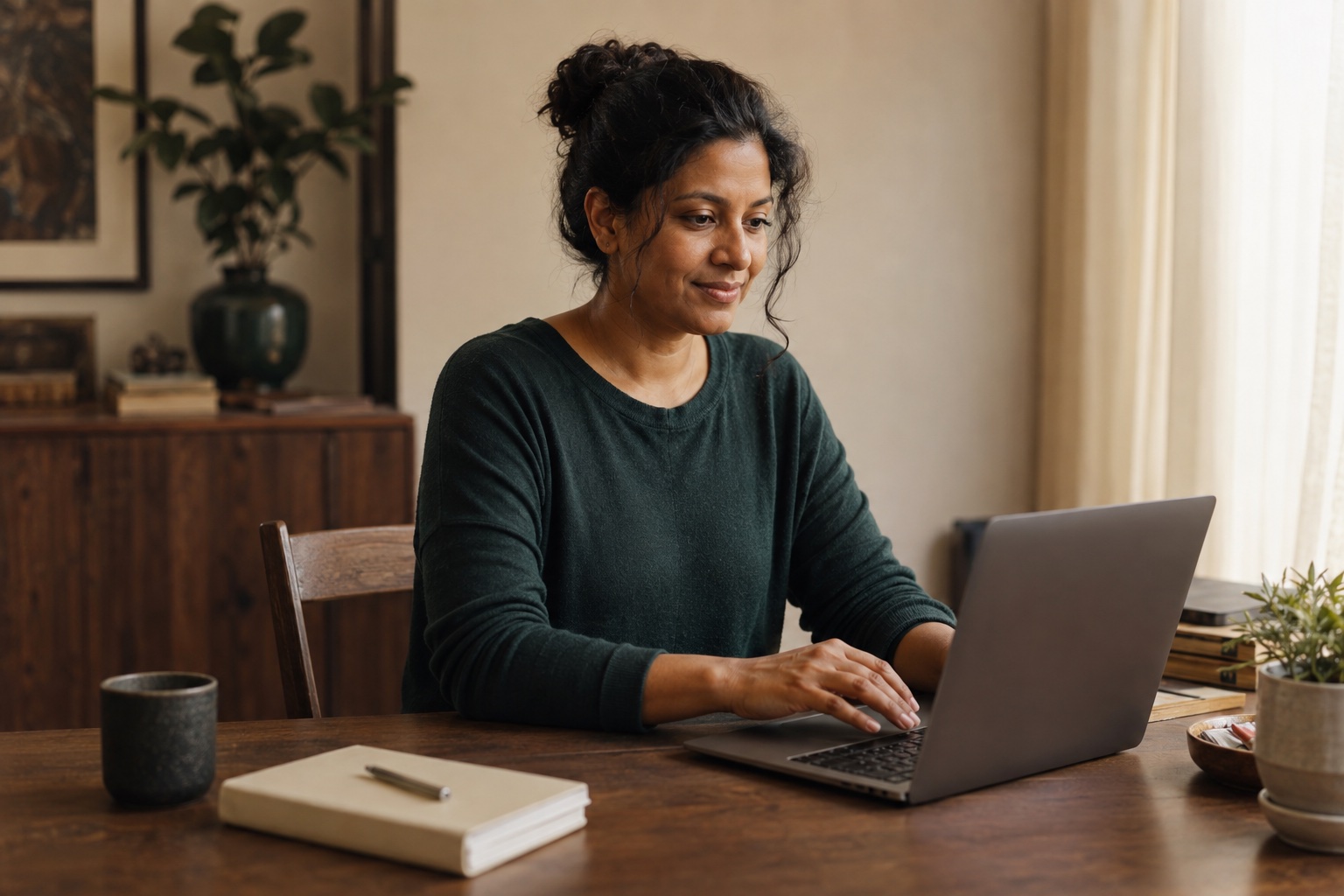 A woman using her laptop at a quiet table by a window