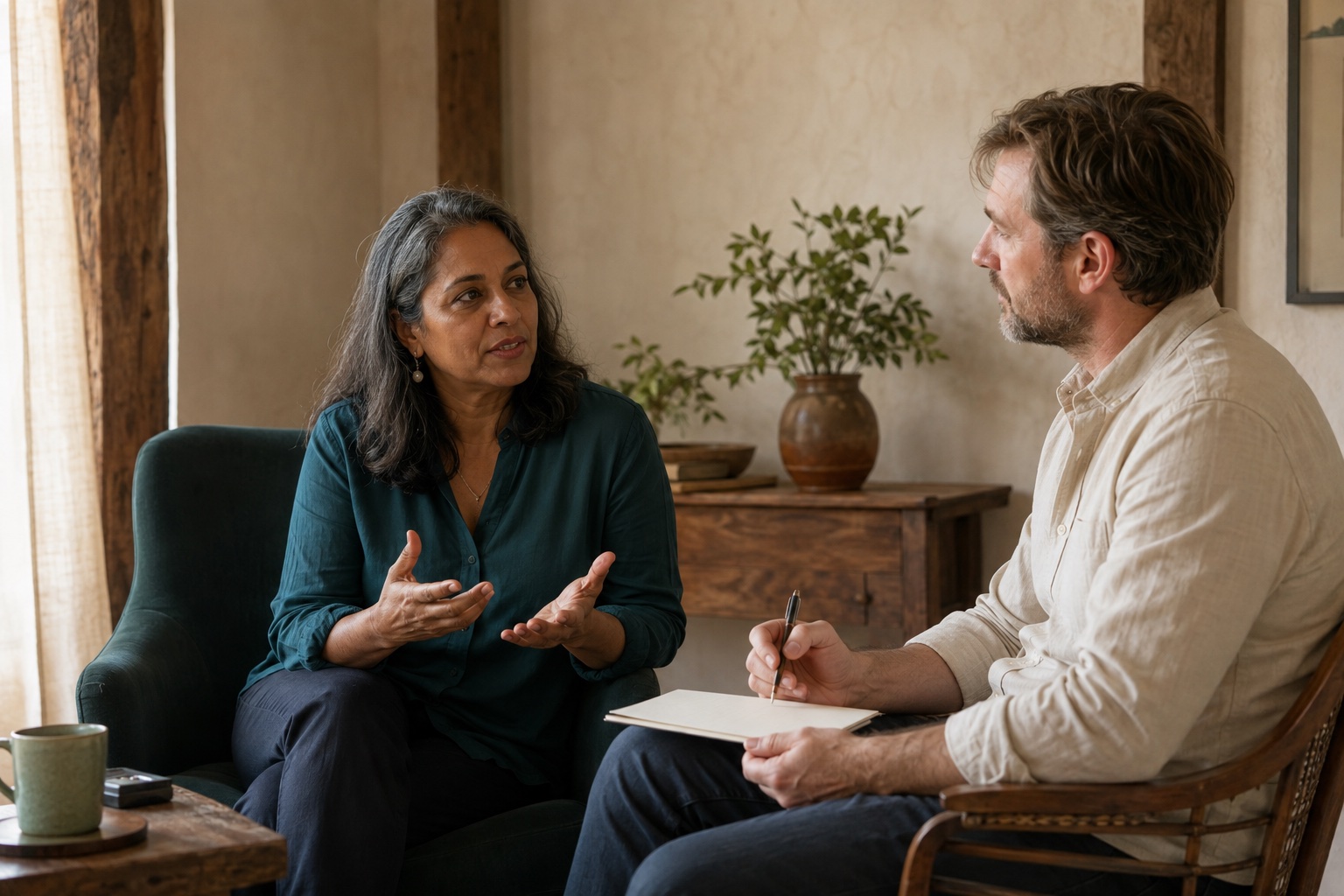 A woman speaking with a therapist in a quiet, naturally lit room