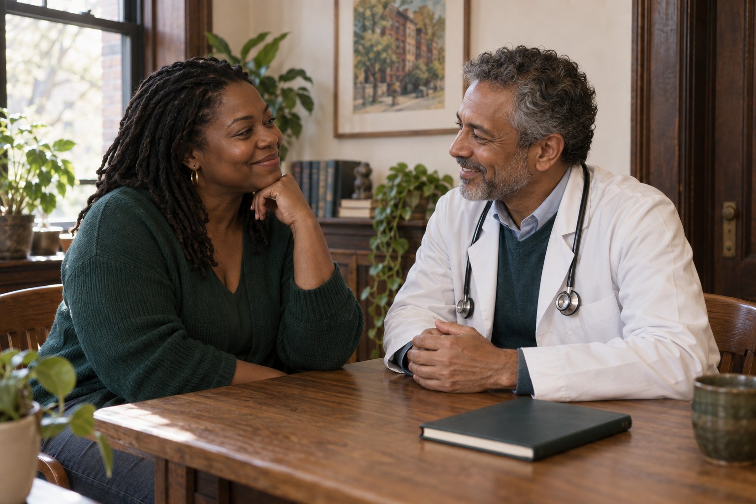 A patient and physician sharing a warm smile during a preventive health consultation